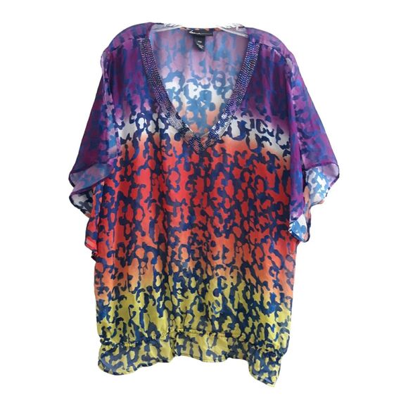 Lane Bryant Batwing Top Women 18/ 20 Multicolor Elastic Waist Beaded V Neck - Picture 1 of 13